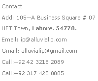 Text Box: ContactAdd: 105?A Business Square # 07 UET Town, Lahore. 54770.Email: ip@alluvialip.comGmail: alluvialip@gmail.com Call:+92 42 3218 2089Call:+92 317 425 8885