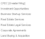Text Box: CPEC [Gwadar Wing]Investment OpportunitiesBusiness Start-up ServicesReal Estate Services Real Estate Legal Services Corporate AgreementsLand Buying & Acquisition 