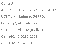 Text Box: ContactAdd: 105?A Business Square # 07 UET Town, Lahore. 54770.Email: ip@alluvialip.comGmail: alluvialip@gmail.com Call:+92 42 3218 2089Call:+92 317 425 8885
