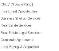 Text Box: CPEC [Gwadar Wing]Investment OpportunitiesBusiness Start-up ServicesReal Estate Services Real Estate Legal Services Corporate AgreementsLand Buying & Acquisition 