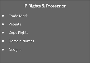 Text Box: IP Rights & ProtectionTrade MarkPatentsCopy RightsDomain Names Designs